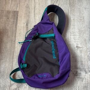 Patagonia 8L sling bag in purple with teal accents